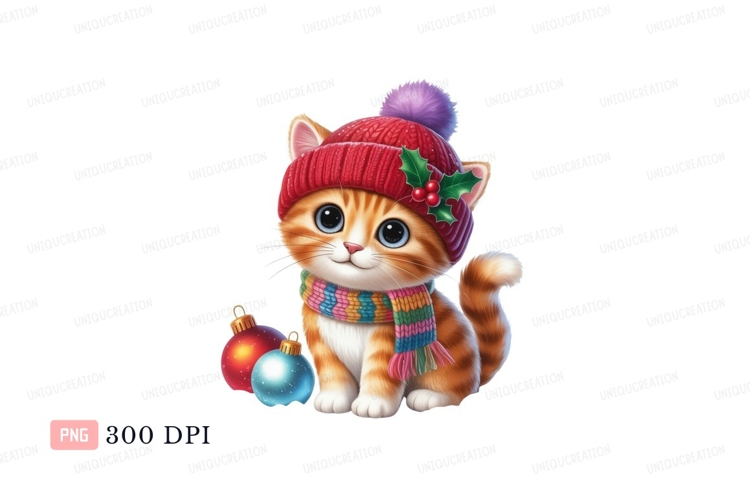Adorable kitten wearing festive winter hat and scarf