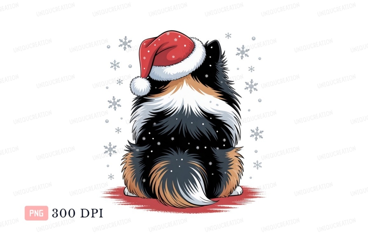 Fluffy dog wearing santa hat christmas snow