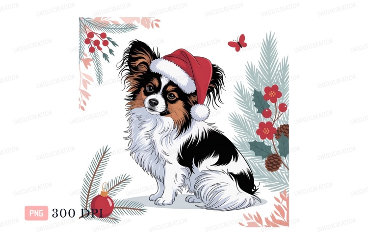 Festive dog wearing santa hat with christmas decorations