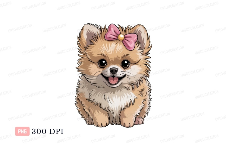 Fluffy Pomeranian puppy with pink bow cute