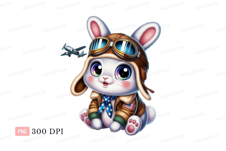 Cute bunny aviator with airplane rabbit pilot