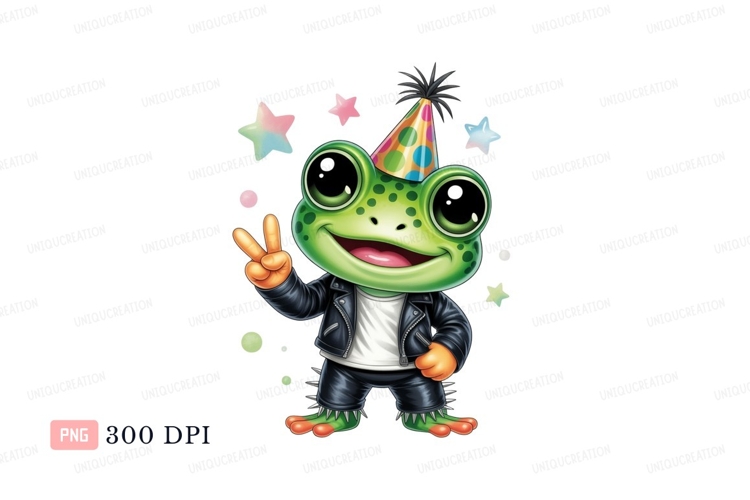 Cheerful frog wearing party hat and jacket green