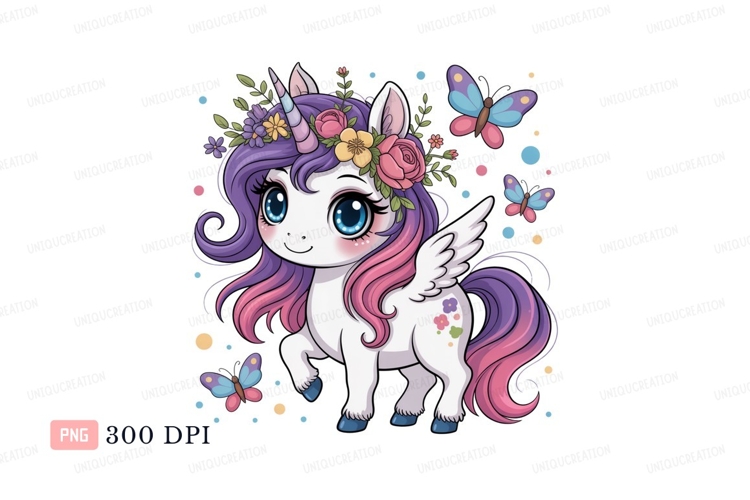 Cute winged unicorn with flowers and butterflies fantasy