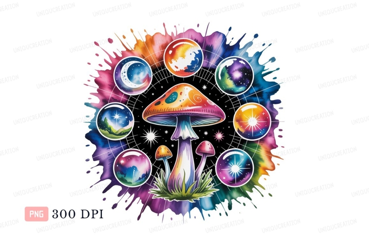 Psychedelic mushroom celestial spheres watercolor splash