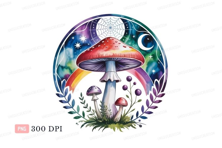 Magical mushroom rainbow cosmic scene purple green