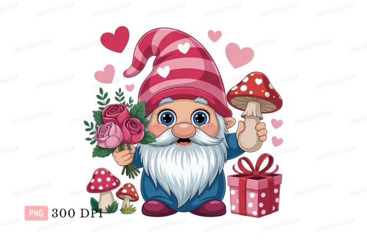 Cheerful gnome with roses and mushroom gift hearts
