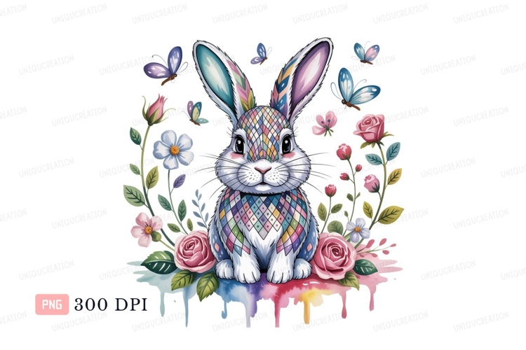 Colorful bunny surrounded by flowers and butterflies