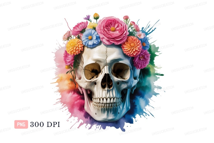 Skull adorned with colorful flowers bouquet floral