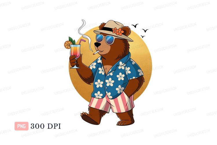 Bear wearing hat sunglasses floral shirt striped shorts hold