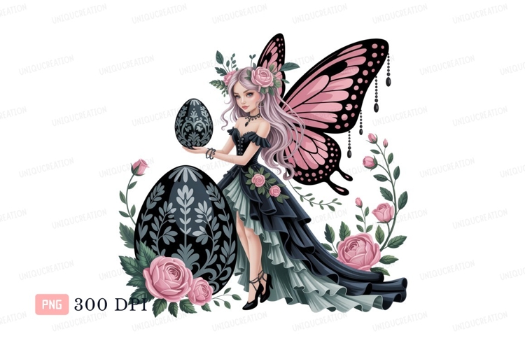 Pink winged fairy holding ornate egg wings