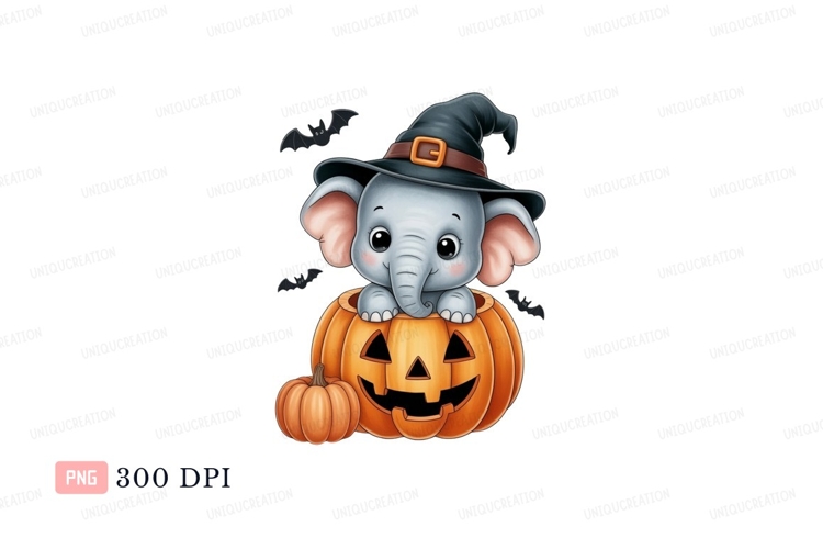 Cute elephant in Halloween pumpkin witch