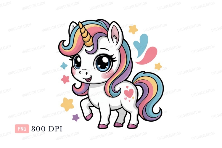 Cute unicorn with rainbow mane and tail fantasy magic