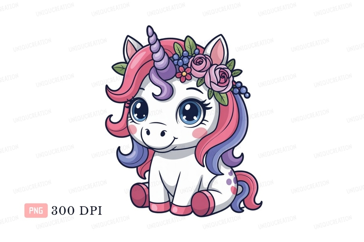 Cute unicorn wearing flower crown fantasy mythical