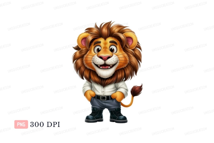 Cheerful cartoon lion wearing shirt pants boots animal