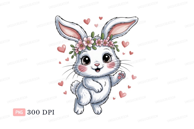 Fluffy bunny wearing flower crown rabbit white