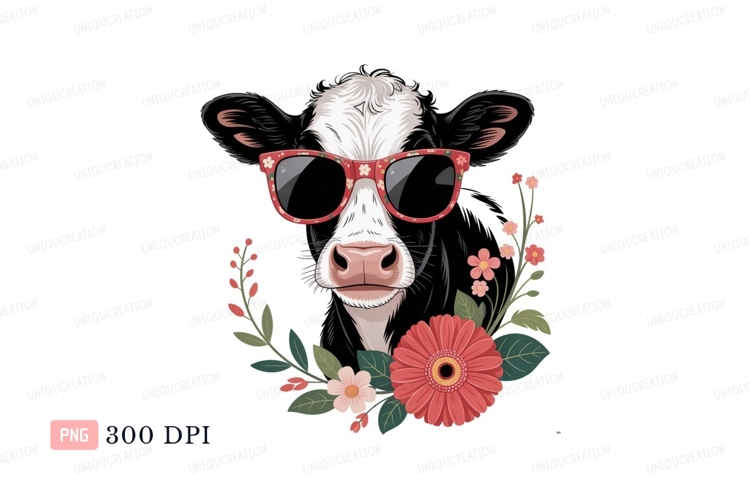 Cool cow wearing floral sunglasses flowers black