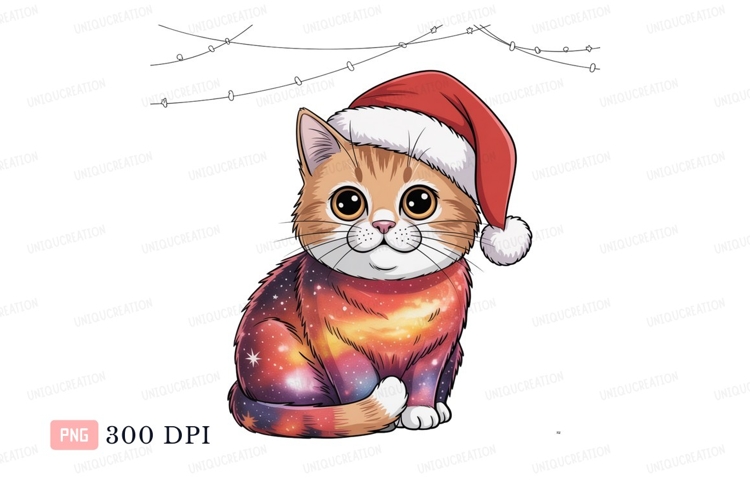 Orange tabby cat wearing santa hat christmas galaxy