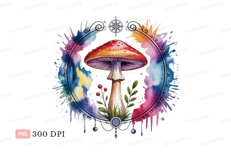 Red mushroom with colorful watercolor splash purple