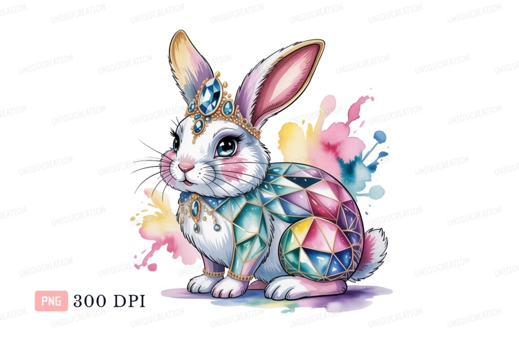 Royal jeweled bunny with watercolor splashes rabbit
