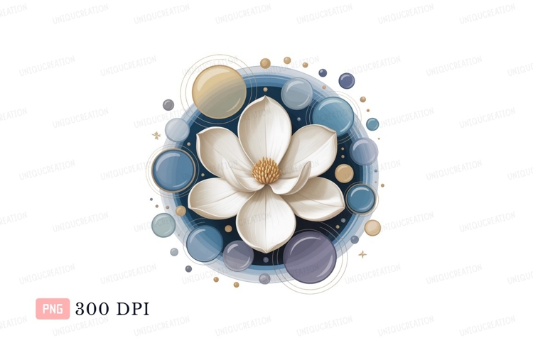 White magnolia flower surrounded by colorful bubbles