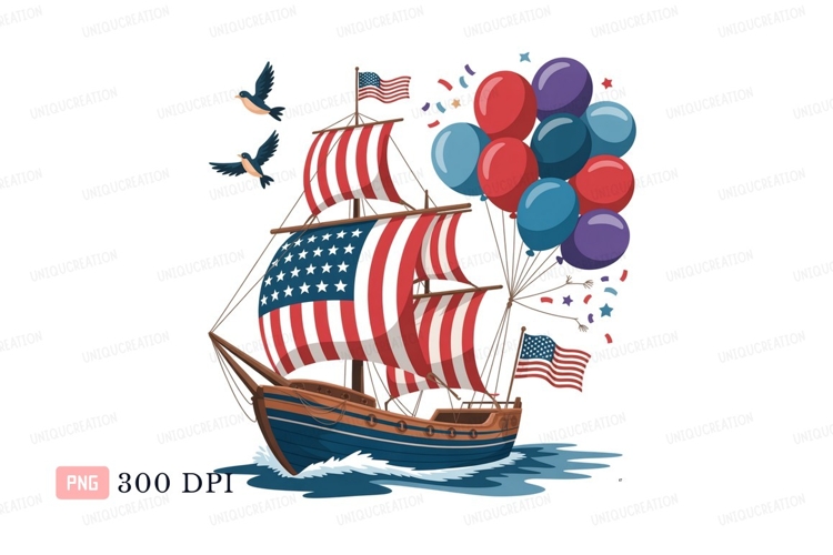 Patriotic ship sailing with balloons american flag