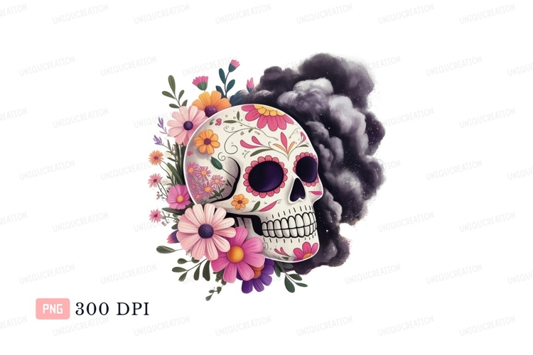 Decorated skull with flowers and smoke dead