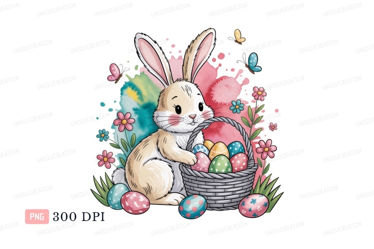 Bunny holding easter basket with painted eggs flowers