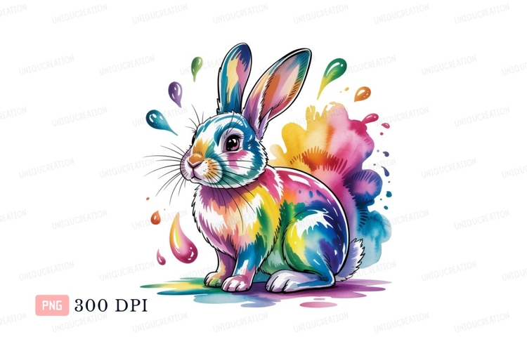 Colorful rabbit splashes paint bunny