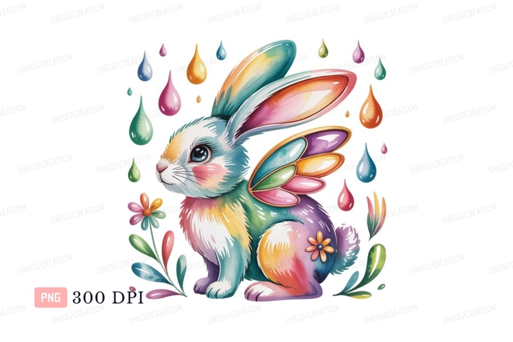 Colorful winged rabbit with floral accents bunny wings
