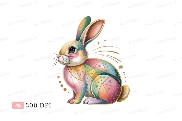 Explore Unique Rabbit Designs Colorful patterned rabbit with golden accents bunny