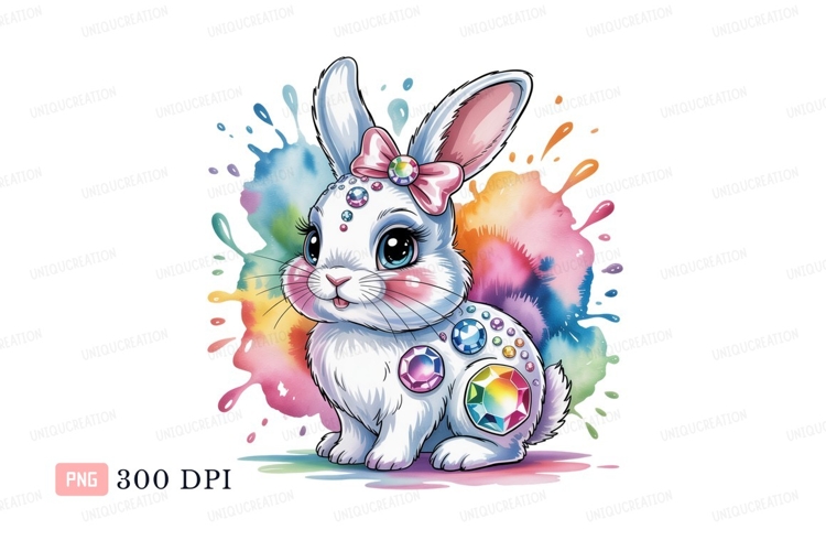 White bunny adorned with colorful gems and bow rabbit