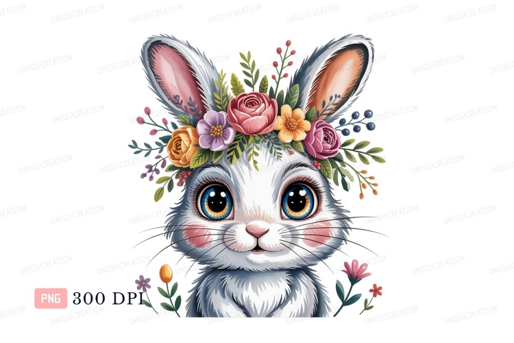 Fluffy bunny wearing floral crown rabbit flowers