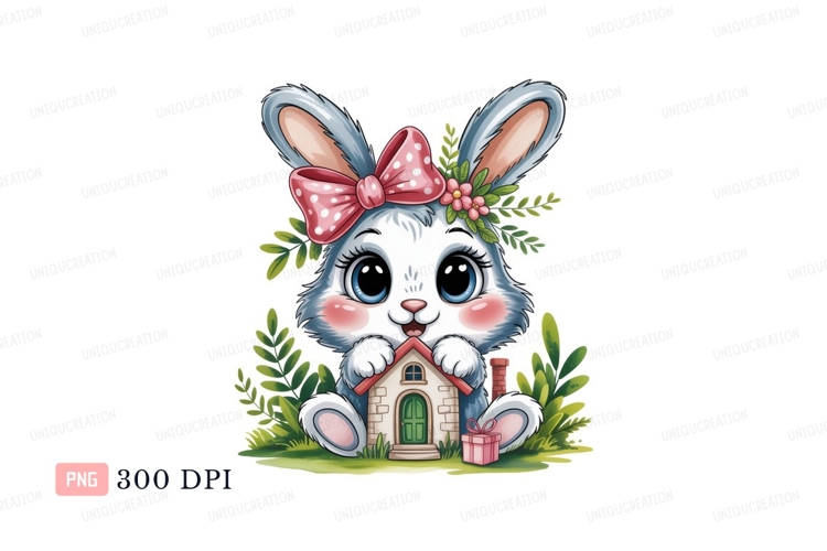 Cute bunny with house and gift rabbit cartoon