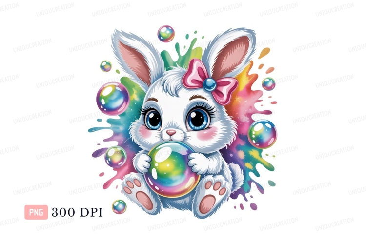 White bunny with rainbow bubbles rabbit pink
