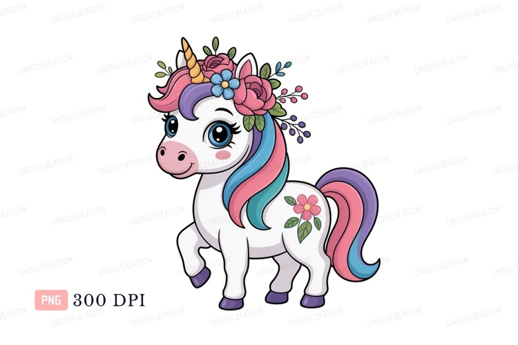 Cute unicorn with floral crown fantasy mythical