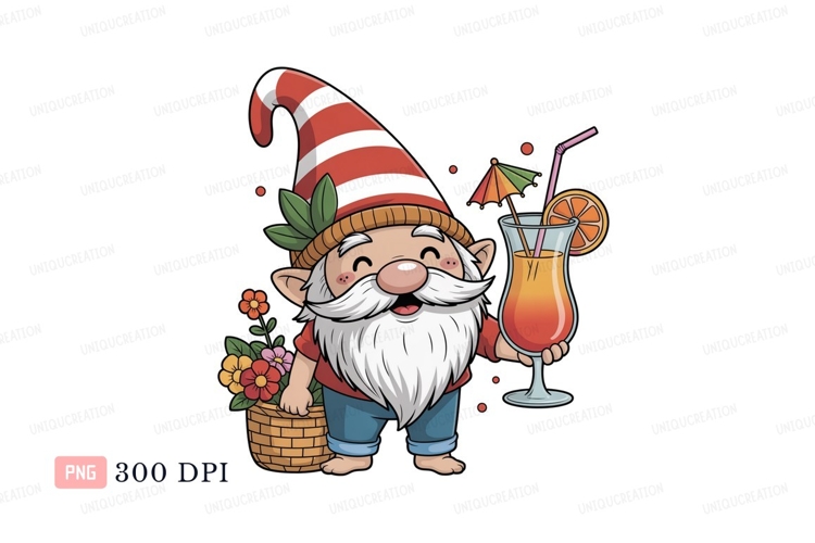Cheerful gnome with striped hat holding cocktail drink