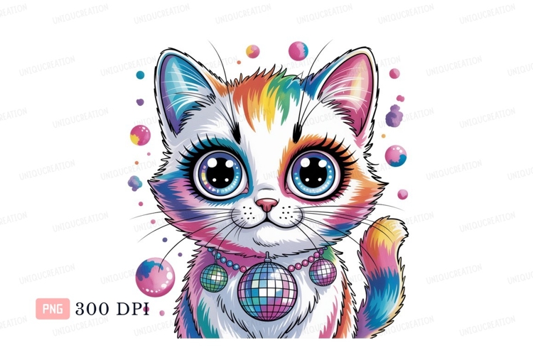 Colorful cat with disco balls kitten rainbow