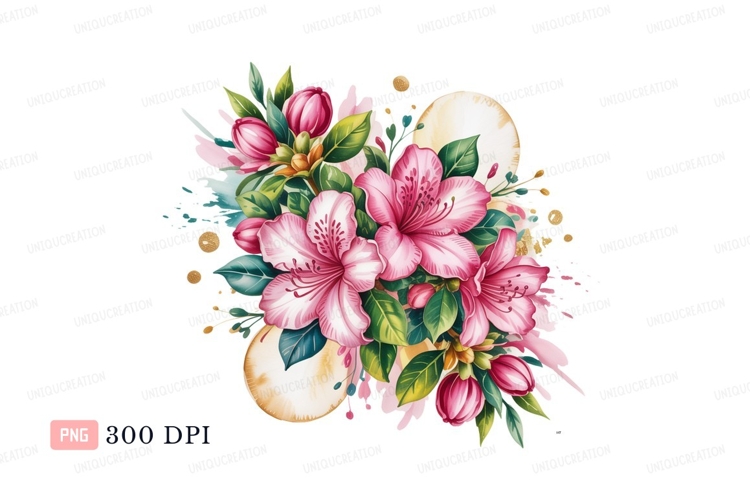 Pink azalea blossoms with golden accents flowers leaves