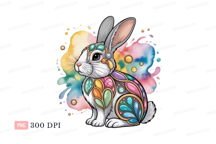 Ornate rabbit colorful watercolor splashes bunny