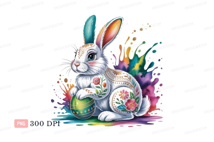 Decorated white rabbit holding easter egg green
