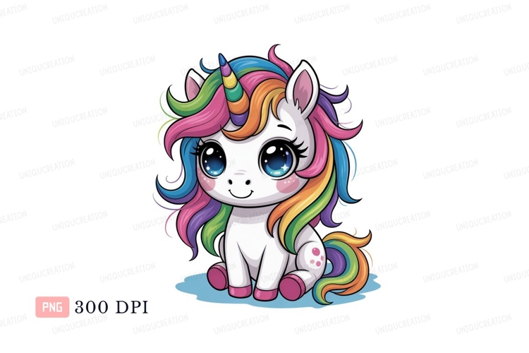 Adorable unicorn with rainbow mane tail horn