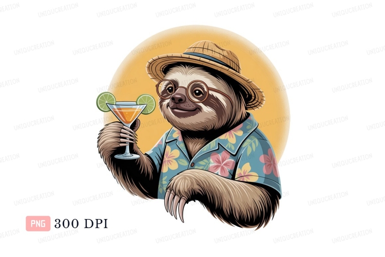 Sloth wearing hat and glasses holding cocktail tropical
