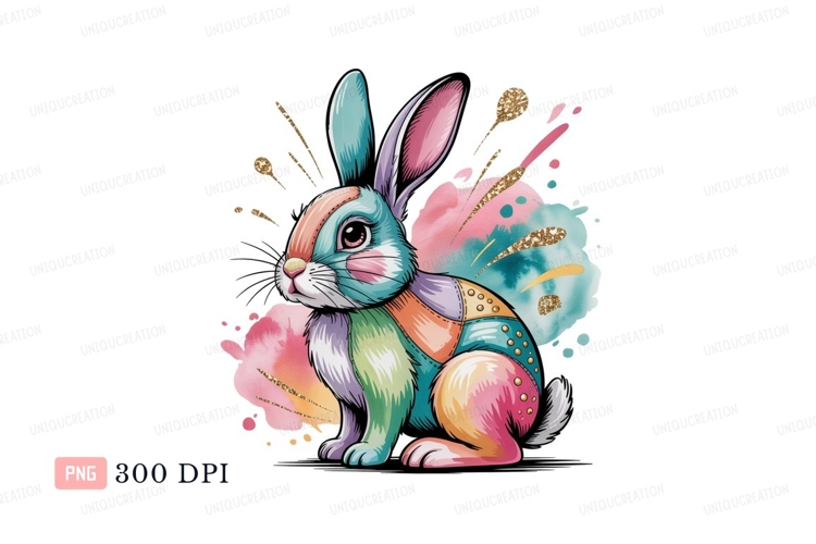 Colorful bunny with watercolor splashes rabbit pastel