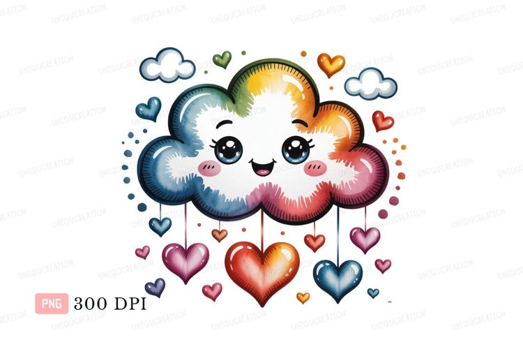Happy rainbow cloud raining hearts cute