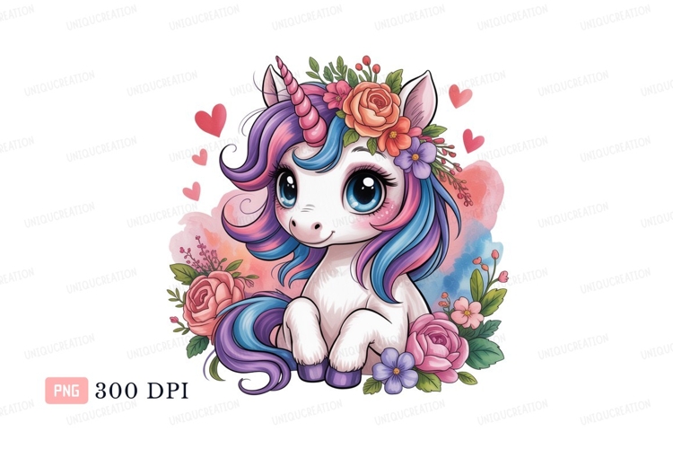 Adorable unicorn with floral crown and colorful mane