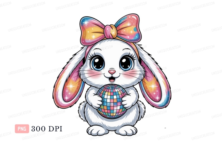 Fluffy bunny with disco ball rabbit colorful