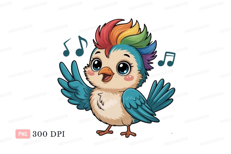 Cute singing bird with rainbow crest music notes