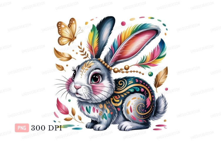 Colorful feathered bunny with butterfly rabbit feathers