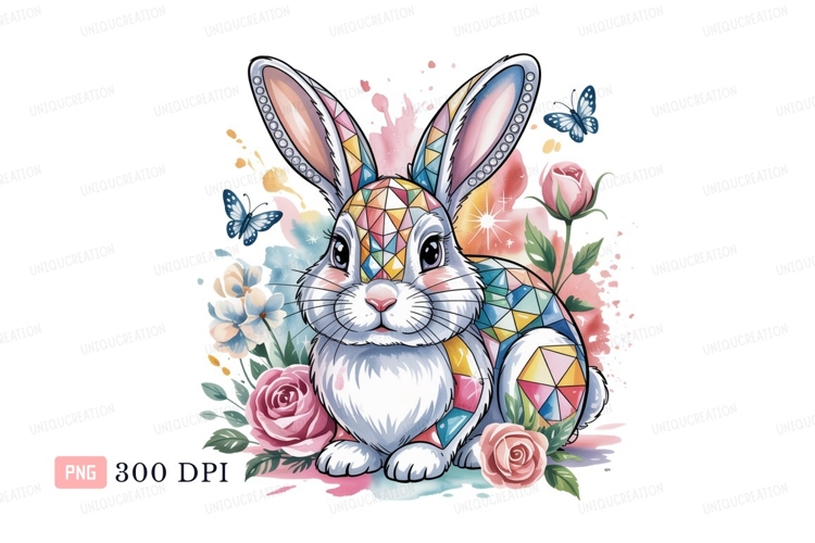 Geometric bunny with flowers and butterflies rabbit