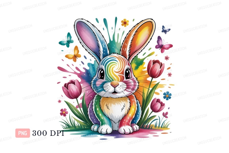 Rainbow bunny with tulips and butterflies rabbit